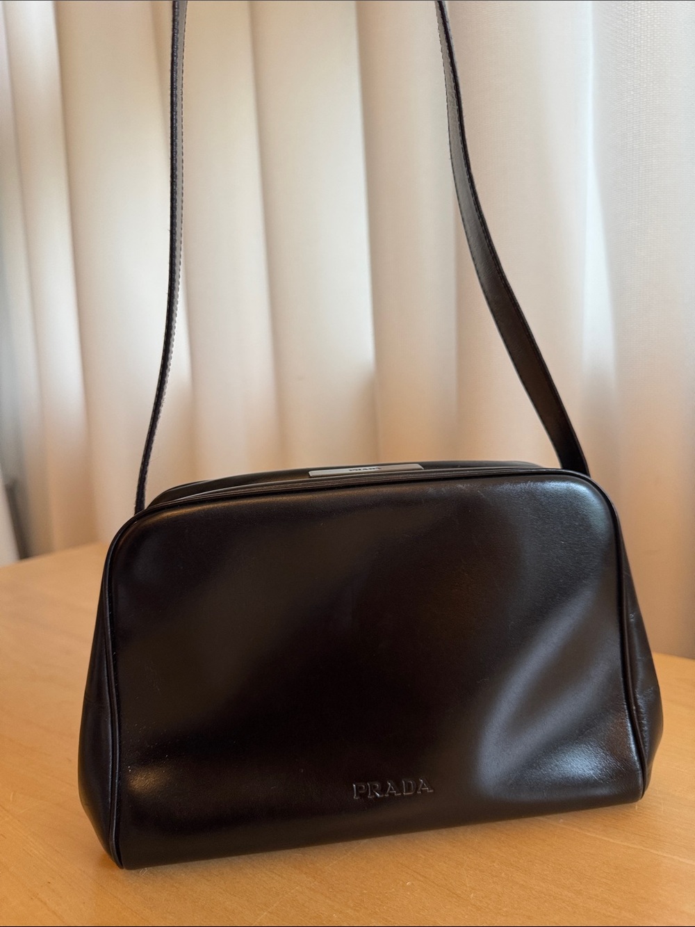 Vintage Prada Vitello Cernier Shoulder Bag with Black w Dark Brown Strap